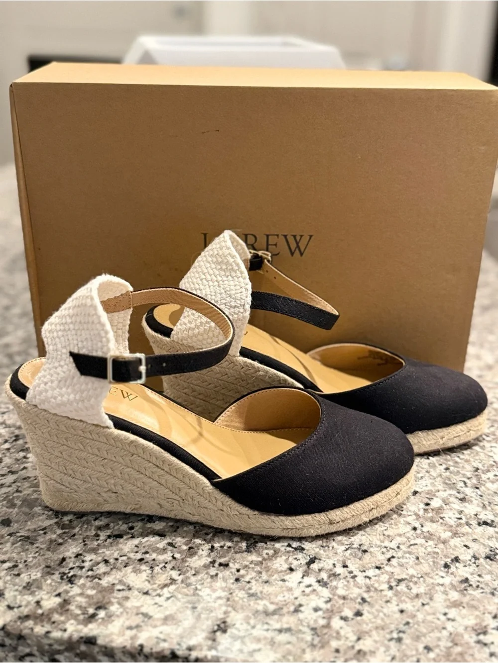 J. Crew Black Canvas and White Woven Espadrille Wedges